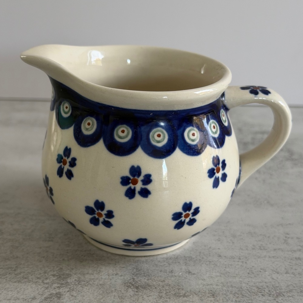 Boleslawiec Polish Pottery Creamer Pitcher Peacock Eye Floral Blue White F463